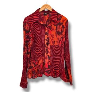 M Milano Women's Pleated‎ Button Down Shirt Floral Geometric Red Orange